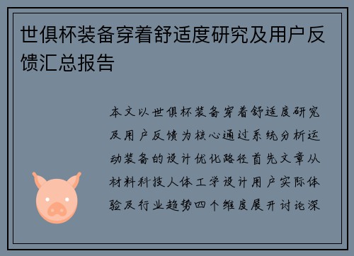 世俱杯装备穿着舒适度研究及用户反馈汇总报告