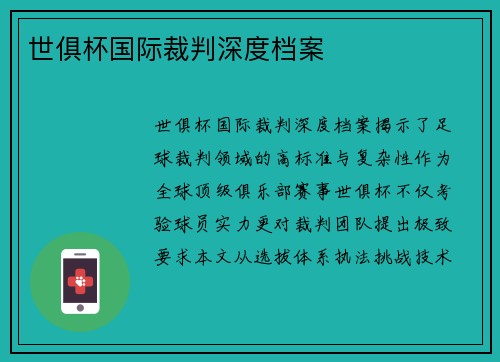 世俱杯国际裁判深度档案