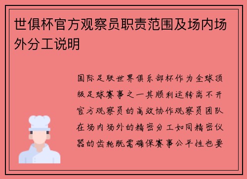 世俱杯官方观察员职责范围及场内场外分工说明